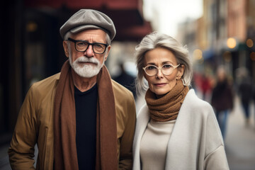 Sticker - Portrait of elderly couple wearing glasses and stylish outfits