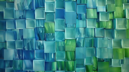 Aufkleber - A wall made of blue and green squares. The squares are of different sizes and are arranged in a way that creates a pattern. The wall appears to be made of glass or some other transparent material