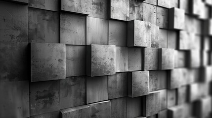 Poster - A wall made of gray blocks with a gray background. The blocks are arranged in a way that creates a sense of depth and texture. Scene is somewhat somber and industrial, with the gray color palette