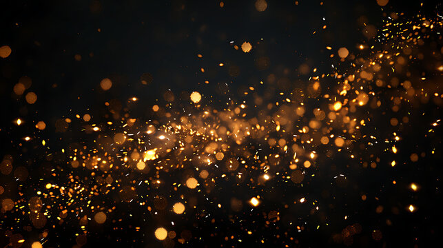 Golden bokeh, raining light, blurry lights, blurry background, gold confettis on a black background