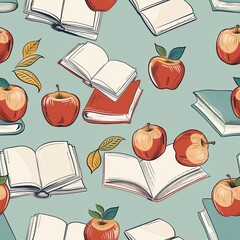 Poster - This is a seamless pattern illustration featuring red apples and open books on a blue-green background. The apples have green leaves, and the books are open and have white pages. There are also some y