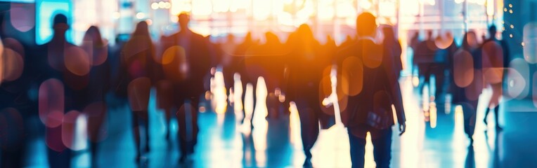 Poster - A group of people walking in a busy city street. The people are walking in different directions and some are carrying handbags. The scene is bustling and lively