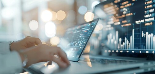 Poster - Business people team up to analyze financial data using laptops and tablets, with stock market graphs displayed on a virtual screen against a digital interface background.