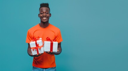 Poster - A young man wearing an orange t-shirt stands against a blue background, holding two white gift boxes tied with red ribbon. He smiles and looks directly at the camera.