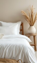 Poster - A modern home minimalist bedroom design includes a wooden bed with white linen and pillows near a nightstand table, all positioned against a beige wall background.