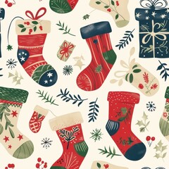 Poster - This is a digital illustration depicting a festive and colorful Christmas pattern. It features red and white Christmas stockings with various designs, green holly and berries, and blue gift boxes with