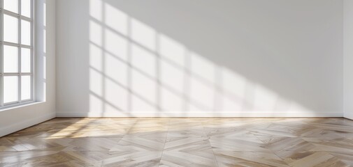 Poster - This 3D rendering features an empty white wall background in a living room interior, complete with a wooden floor and window, emphasizing a minimalist home design concept.