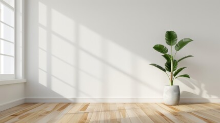 Poster - A minimalist home design concept for mockups, featuring an empty white wall background in a living room interior with a wooden floor and window, captured in a 3D rendering.