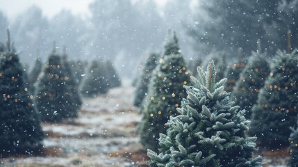 Aufkleber - A snow-covered Christmas tree farm with rows of evergreen trees. The trees are adorned with twinkling lights, creating a festive atmosphere. The soft snowfall adds a magical touch to the scene, making