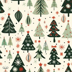 Poster - A seamless pattern featuring various Christmas trees, ornaments, stars, and snowflakes on a light beige background. The trees are in shades of green and decorated with red stars, white snowflakes, and