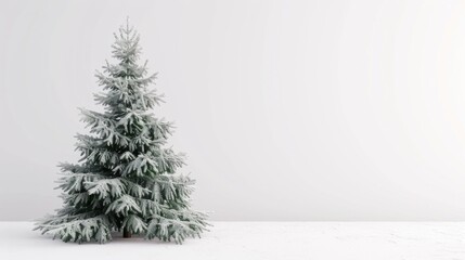 Aufkleber - A single evergreen tree, dusted with snow, stands against a white wall. The tree is in focus, while the background is blurred, creating a simple and elegant winter scene.