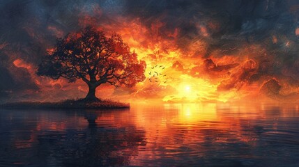 Wall Mural - watercolor, bold lines, colorful, majestic tree in a lake, birds of light, sunset, waves, storm scenery