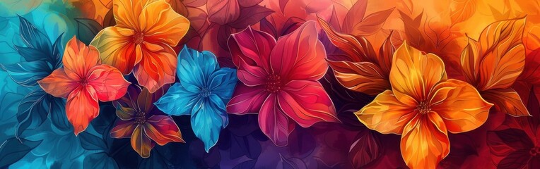 Poster - A vibrant watercolor painting featuring a close-up of several flowers in various shades of red, orange, yellow, and blue. The flowers are blooming in a garden, with their petals and leaves capturing t