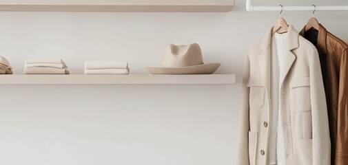 Placing a jacket on the rack in his modern home closet, a man stands among white walls and light wood shelves. The closet is decorated in a neutral color palette