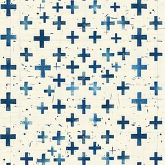 Aufkleber - This image showcases a close-up view of a fabric with a repetitive pattern of blue crosses printed on a white background. The pattern appears to be created with a stamp, resulting in a slightly uneven