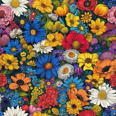 Poster - A vibrant illustration of a bouquet of wildflowers, featuring a variety of species in various shades of red, yellow, blue, orange, white, and purple. The illustration is digitally rendered, and the fl