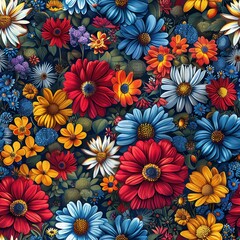 Aufkleber - A vibrant and colorful illustration of a garden filled with blooming summer flowers. The image features a variety of flowers in red, blue, yellow, and white, all in full bloom and arranged in a dense,