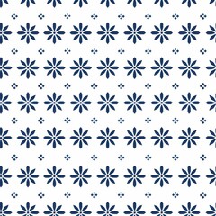 Poster - This image features a seamless pattern of dark blue flowers on a white background. The flowers are arranged in a repeating, geometric pattern. The image is clean and minimalist, making it suitable for