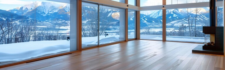 Wall Mural - A large open room with a fireplace and a view of the mountains. The room is empty and the windows are open, letting in the cold air