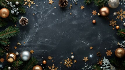 Poster - This image features a variety of Christmas ornaments and pine branches arranged around the border of a black background. The ornaments include gold, silver, and copper baubles, as well as pine cones a