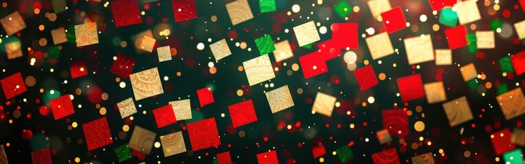 Poster - A colorful background with red, green, and gold squares. The squares are scattered all over the background, creating a festive and lively atmosphere