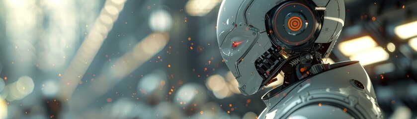 Close-up of a futuristic robot with intricate mechanical details, illuminated background adds an advanced technological ambiance.