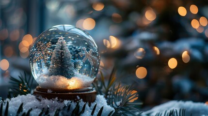 Poster - A glass snow globe sits on a snowy branch, showcasing a miniature Christmas tree illuminated by a warm light. The globe is surrounded by a soft, out-of-focus background of twinkling lights, creating a