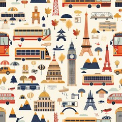 Poster - This image features a colorful, repeating pattern of various iconic landmarks from around the world. The pattern includes buses, planes, cars, and other modes of transportation. The illustrations are 