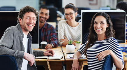 Poster - Business people, teamwork and portrait by desktop computer for collaboration or workflow in coworking space. Creative group, editor or writer planning and brainstorming project at publishing agency