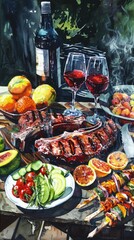 Wall Mural - A painting of a table with a bottle of wine, a bottle of orange juice, watercolor painting, barbecue grill, bbq background.