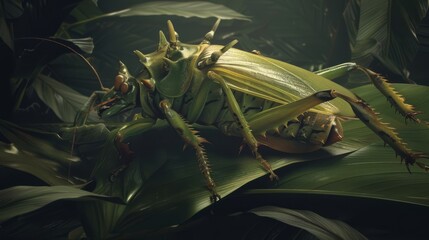 Wall Mural - A large bug sitting on top of a green leaf in the jungle, AI