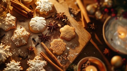 Poster - A close-up image of freshly baked gingerbread cookies decorated with white icing and snowflakes. The cookies are arranged on a wooden cutting board with cinnamon sticks, star anise, and powdered sugar