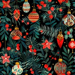 A digital illustration featuring a black background with a repeating pattern of colorful Christmas ornaments hanging from gold strings among evergreen branches, red berries, and red poinsettia flowers