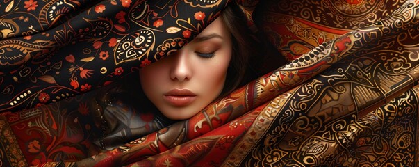 Wall Mural - Gorgeous young woman with closed eyes poses in studio surrounded by luxurious printed fabrics