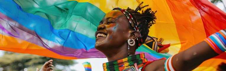 Poster - A woman is holding a rainbow flag and smiling. Concept of joy and celebration, as the woman is happy and proud of the flag she is holding