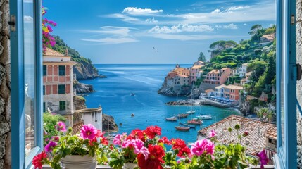 Aufkleber - A view of a small town with a blue ocean in the background. The town is filled with boats and houses
