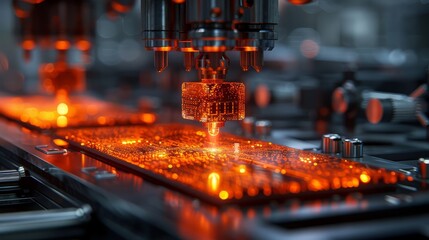 Poster - Precision Automation: A close-up view of an advanced production line meticulously assembling microchips with precision. The scene showcases cutting-edge technology and efficiency.