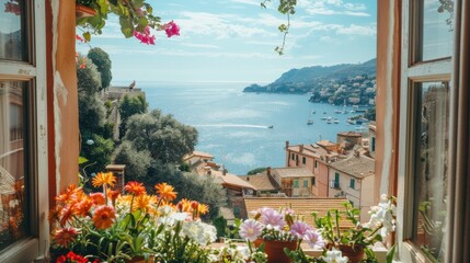 Aufkleber - A window view of a city with a large body of water in the background. The view is filled with colorful flowers and plants, creating a peaceful and serene atmosphere