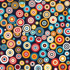 Poster - This image features a repeating pattern of colorful concentric circles on a dark blue background. The circles are arranged randomly and are of varying sizes, with some overlapping. The colors used inc