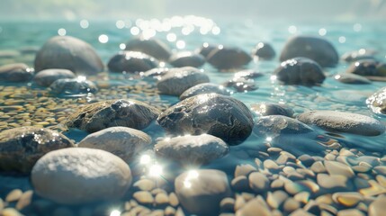 Wall Mural - A collection of rocks are scattered across the surface of a body of water. The water is calm and clear, and the rocks are of various sizes and shapes. Concept of tranquility and peacefulness