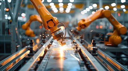 Canvas Print - An image showing automated robotic arms performing welding tasks on an assembly line in a manufacturing plant