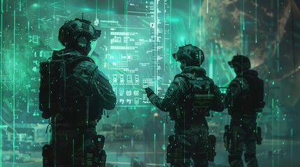 Poster - Three soldiers are looking at a computer screen. The soldiers are wearing green uniforms and are standing in front of a green background. Scene is serious and focused