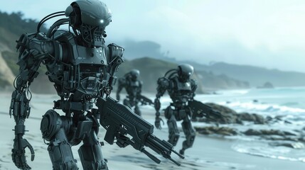 Wall Mural - A group of robots are walking on a beach, with one of them holding a gun. The scene is set in a futuristic world, and the robots appear to be soldiers. Scene is tense and serious
