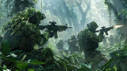 Poster - A group of soldiers in green camouflage uniforms are in a jungle, with one of them shooting a gun