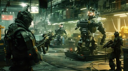 Poster - A group of soldiers are in a factory, with a robot in the middle of them. The soldiers are holding guns and the robot is equipped with a gun. Scene is tense and serious
