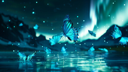 Miraculous butterflies that only appear when the aurora is out, copy space,space for text,Generative AI,