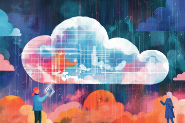 An illustration of a digital network represented by a cloud with circuit board-like patterns. Two people are looking up at the cloud, one holding a tablet