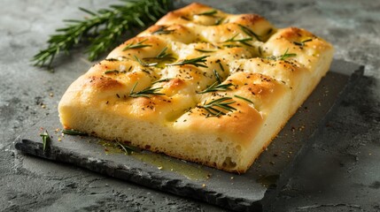 Poster - A piece of bread with herbs on top of it. The bread is cut into squares and has a crust