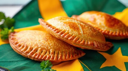 Aufkleber - Three pastries are stacked on top of each other on a green cloth. The cloth has a yellow star and a green leaf