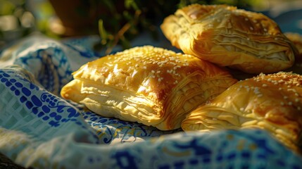 Poster - Three pastries are sitting on a blue cloth. They are golden brown and look delicious